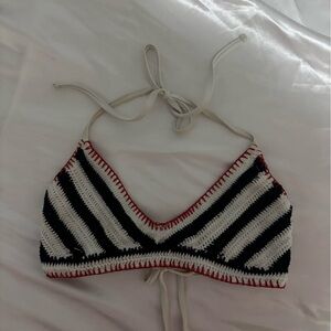 Xhilaration Black and White Crochet Bikini Top with Red Trim